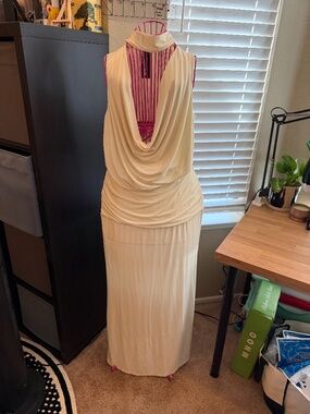 Almond Double Layer  Slinky Plunge Highback Long top and Ruched Waist Maxi Skirt